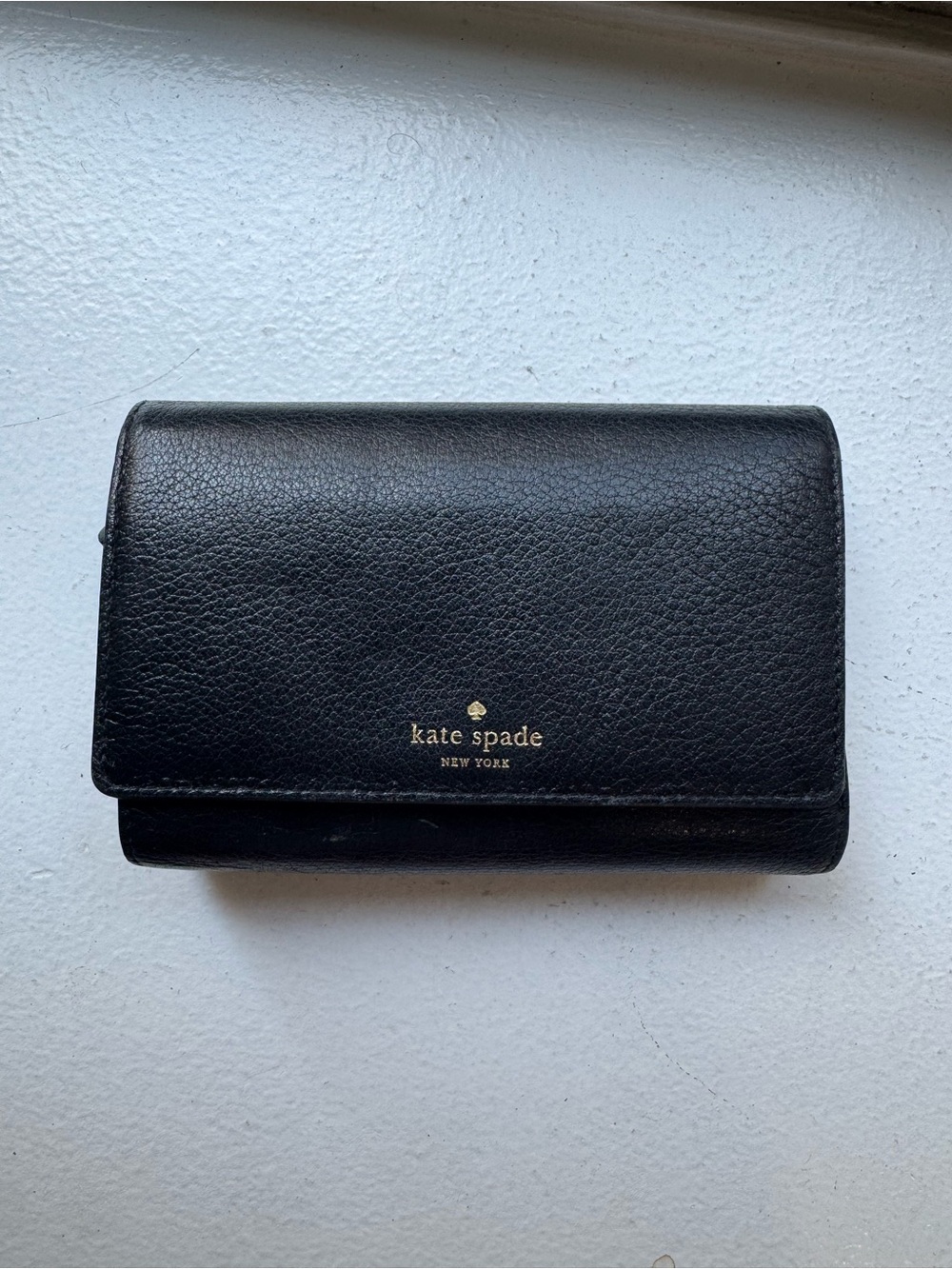 Kate Spade New York Black Leather Trifold Wallet Gold Logo